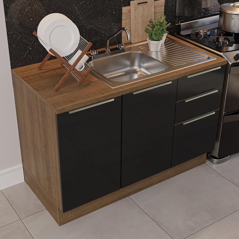 Gabinete Bajo para Fregadero con Accesorios de Cocina 120 cm 2 Puertas 3 Cajones Marrón/Negro Lux Madesa