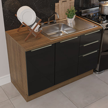 Gabinete Bajo para Fregadero con Accesorios de Cocina 120 cm 2 Puertas 3 Cajones Marrón/Negro Lux Madesa