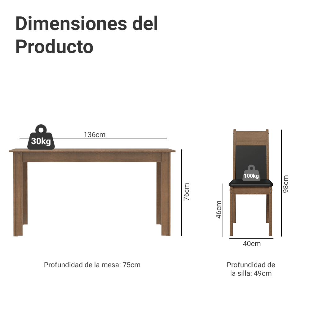 Juego de Comedor Mesa con Encimera de Madera 4 Sillas Negro/Marrón Havana