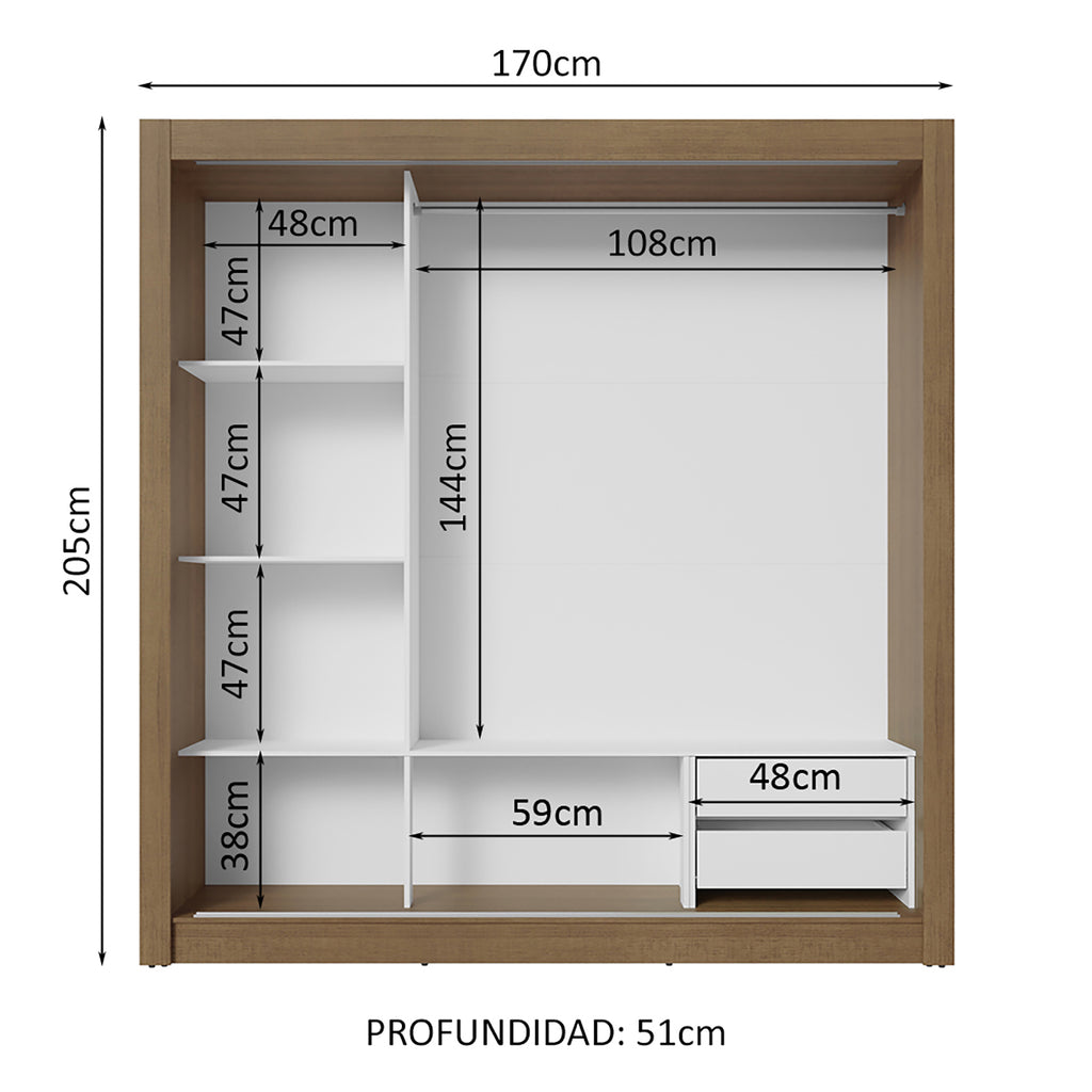 Clóset Matrimonial 170 cm 3 Puertas Corredizas Con 2 Espejos 2 Cajones Marrón/Blanco Sublime Madesa