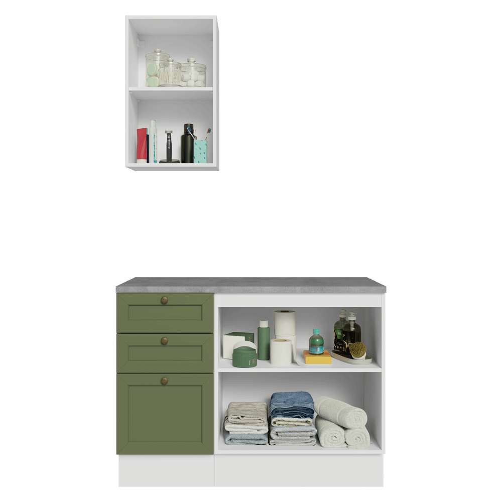Combo Gabinete Bajo para Baño 110cm 3 Gavetas 3 Puertas Blanco/Verde Vik Madesa 01