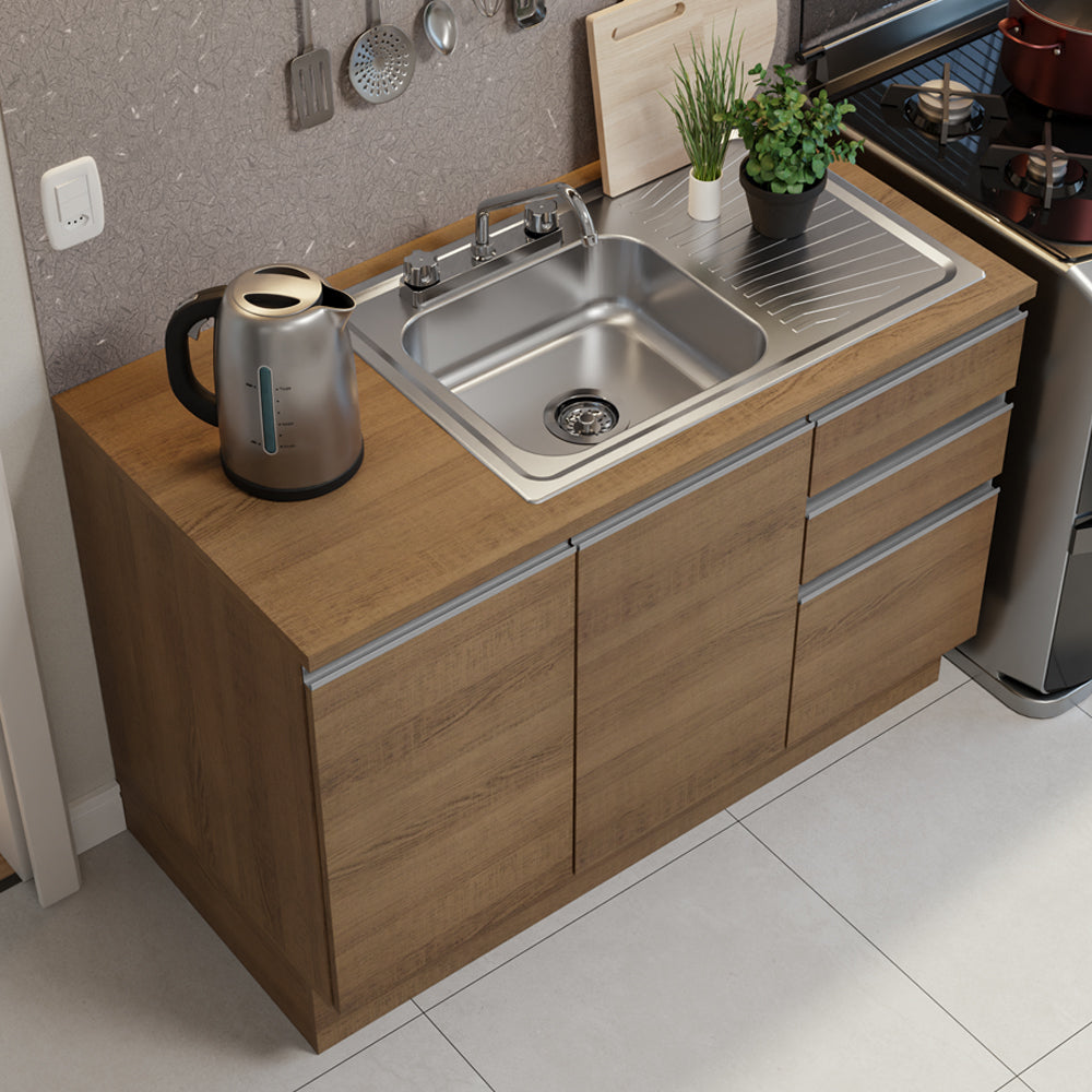 Gabinete Bajo para Fregadero con Accesorios de Cocina 120 cm 2 Puertas 3 Cajones Marrón Glamy Madesa