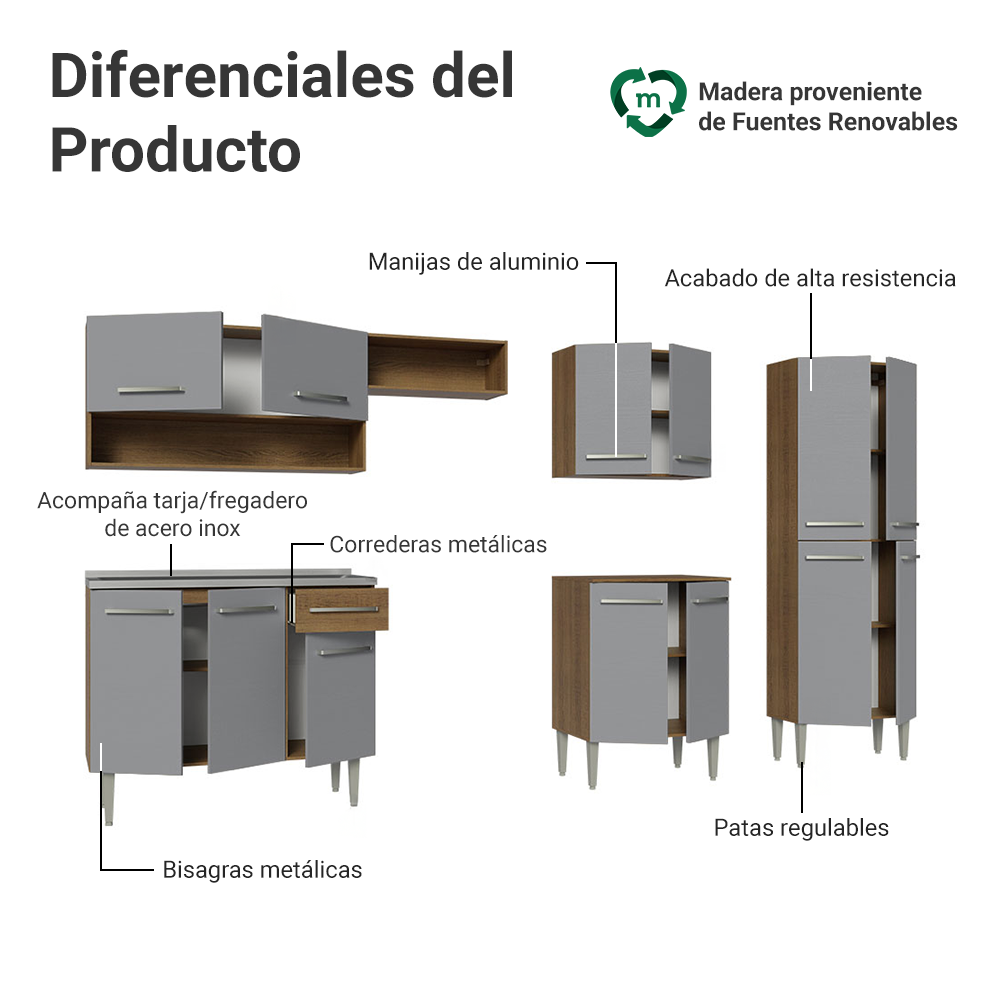 Cocina Integral 293cm con Fregadero Marrón/Gris Emilly 09