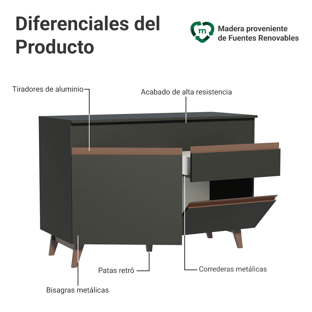 Mueble de Cocina para Fregadero 2 Puertas y 1 Cajón Negro Reims