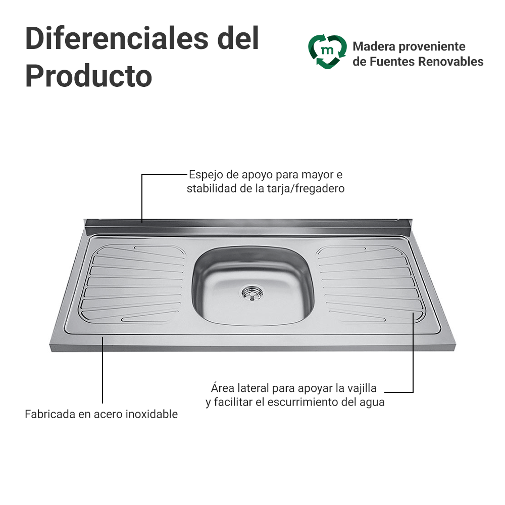 Fregadero de Acero Inoxidable 120 X 52 cm