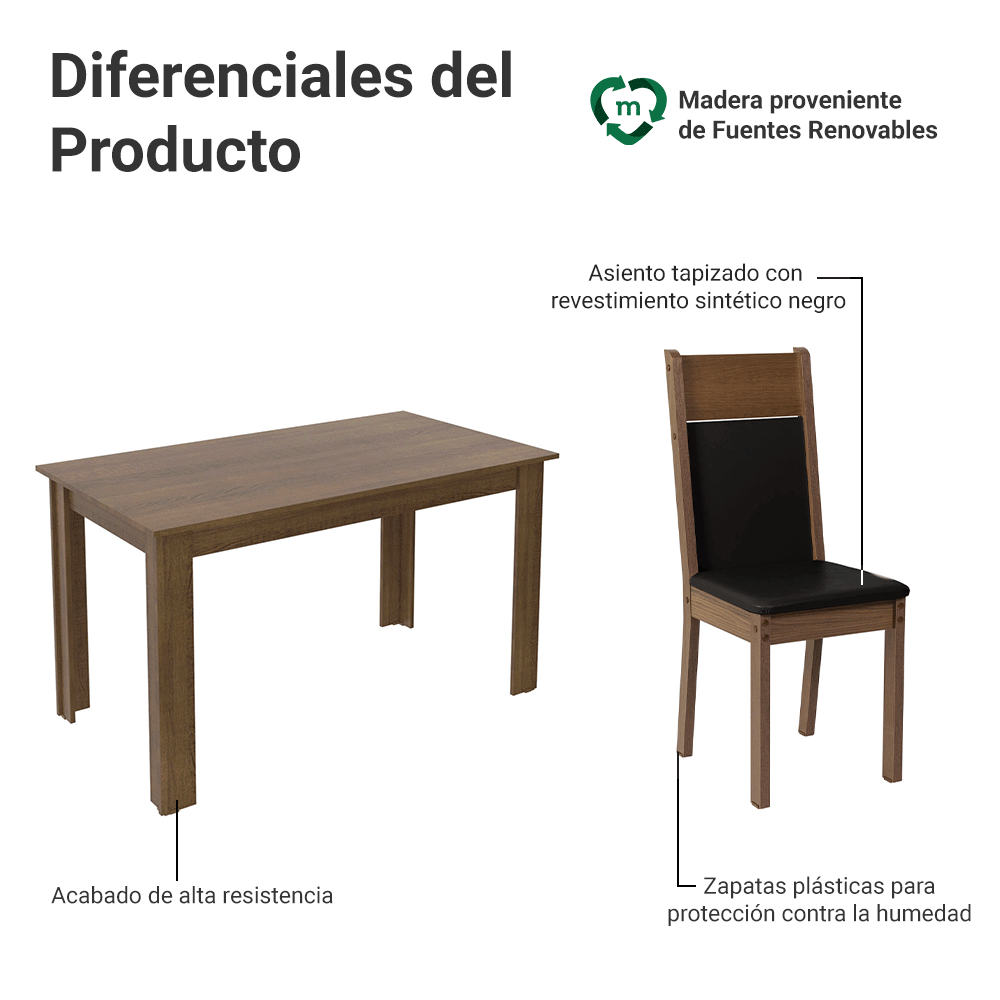 Juego de Comedor Mesa con Encimera de Madera 4 Sillas Negro/Marrón Havana