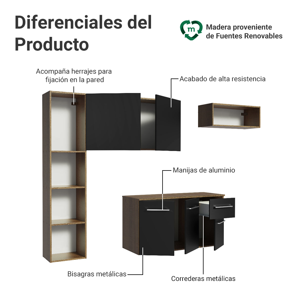 Cocina Compacta 180cm Marron/Negro Easy