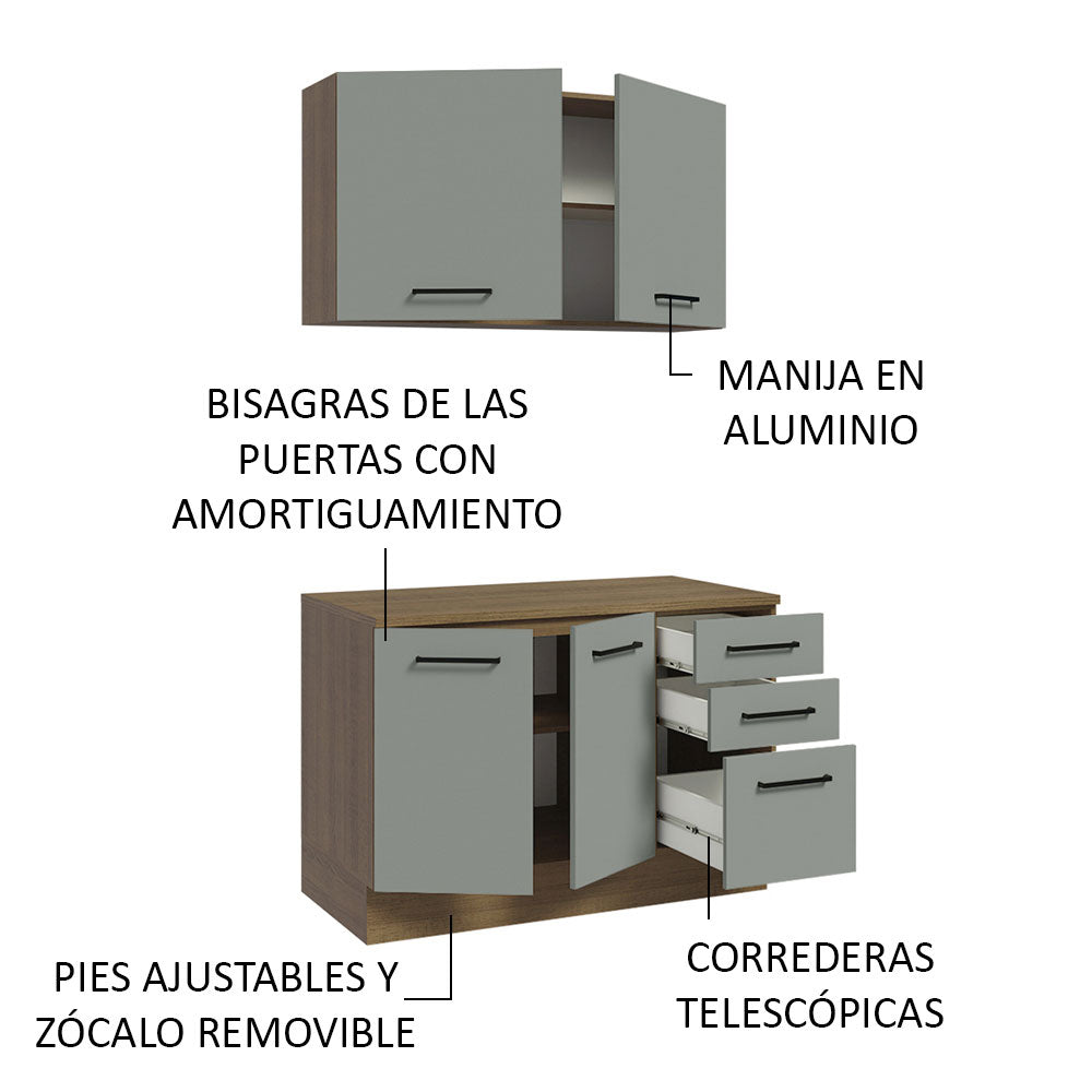 Kit Gabinete Bajo y Gabinete Superior Multiuso 120 cm Marrón/Gris Agata Madesa