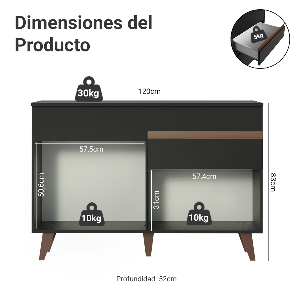 Mueble de Cocina para Fregadero 2 Puertas y 1 Cajón Negro Reims