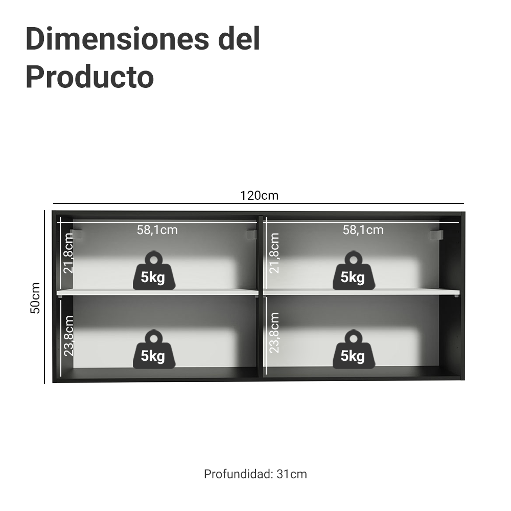 Gabinete Superior 120 x 50 cm 2 Puertas Reims Negro