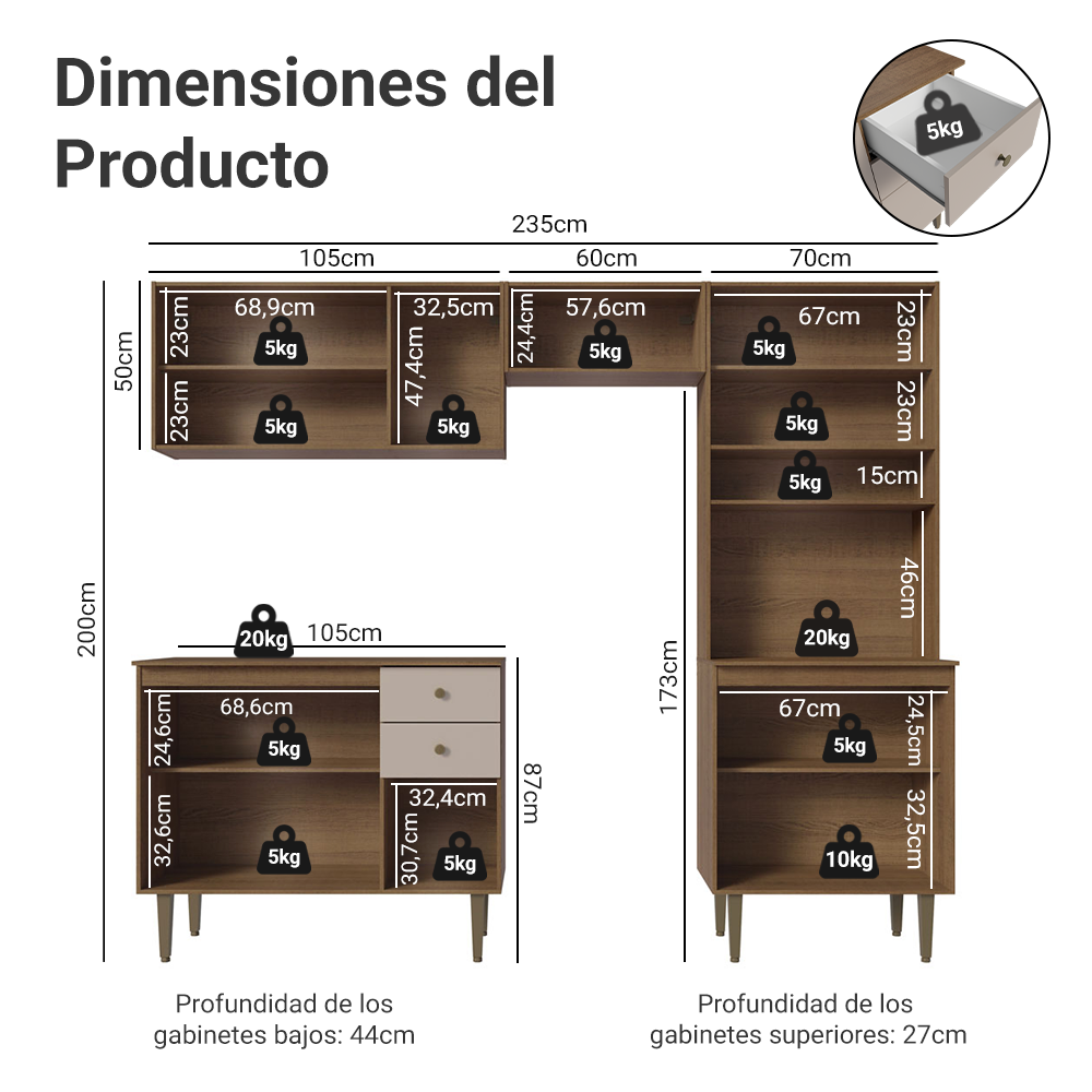 Cocina Compacta 235cm Marrón/Crema Gourmet 01