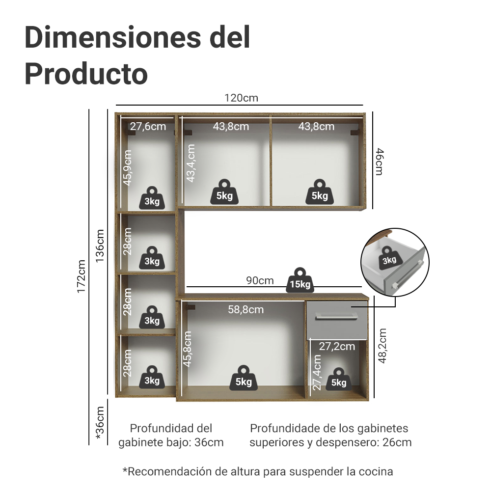 Cocina Integral 120cm Marrón/Gris Easy