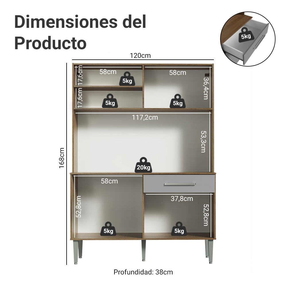 Cocina Integral 120cm Marrón/Gris Life