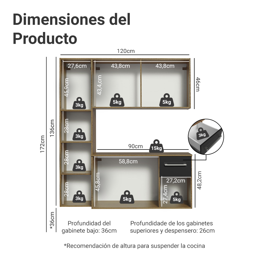 Cocina Compacta 120cm Marron/Negro Easy