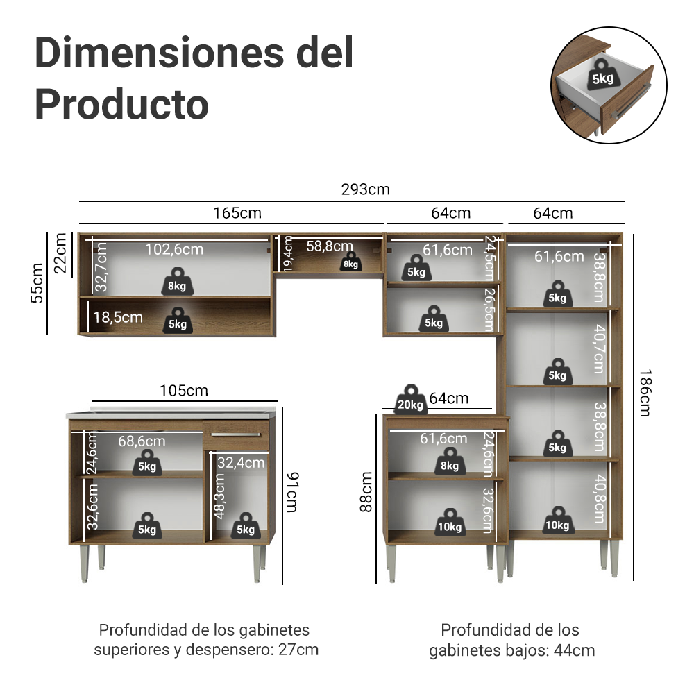 Cocina Integral 293cm con Fregadero Marrón Emilly 09