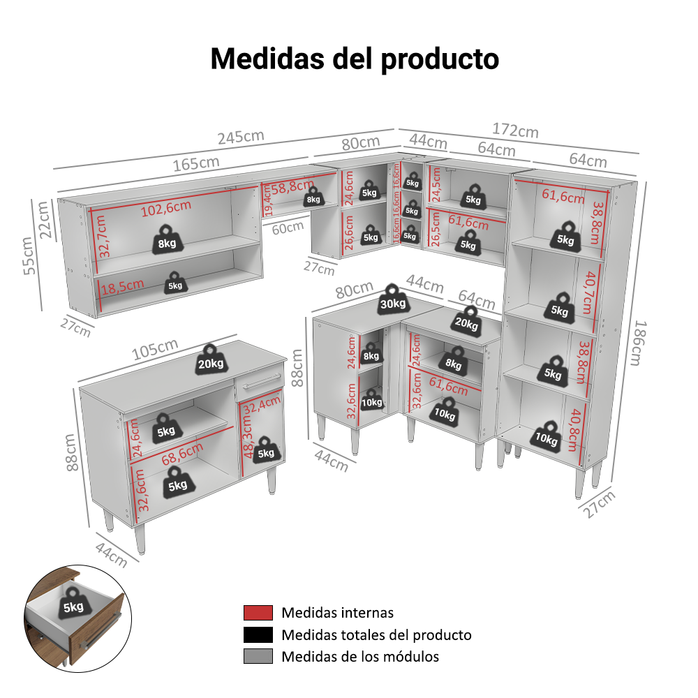 Cocina Integral Esquinera 417cm Marrón Emilly 02