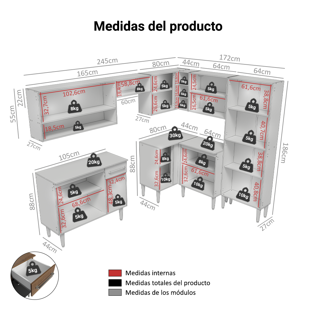 Cocina Integral Esquinera 417 cm Emilly Marrón/Negro 02