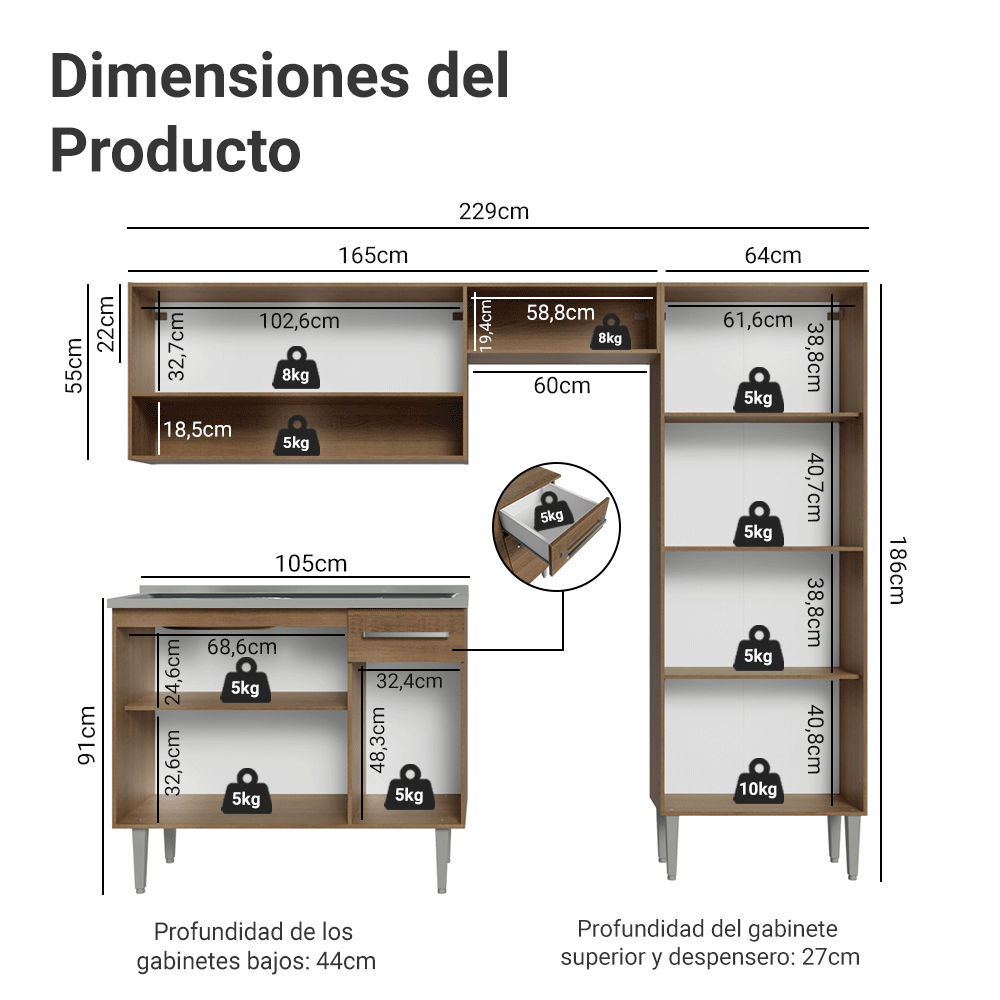 Cocina Integral 229cm con Fregadero Marrón Emilly 10
