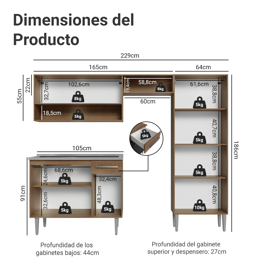 Cocina Integral 229cm con Fregadero Marrón/Negro Emilly 10