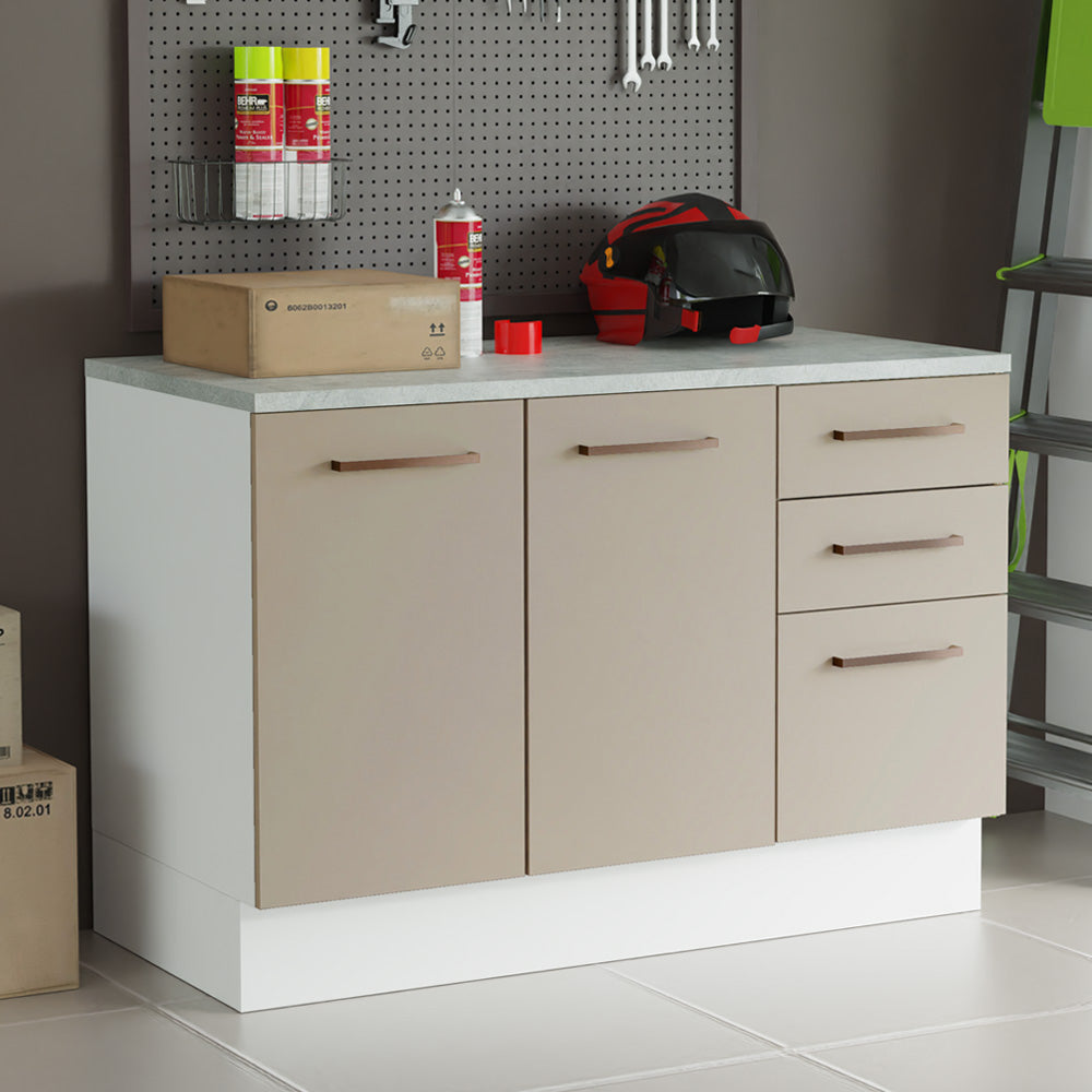Gabinete Bajo Multiuso 120 cm 2 Puertas 3 Cajones Blanco/Crema Madesa