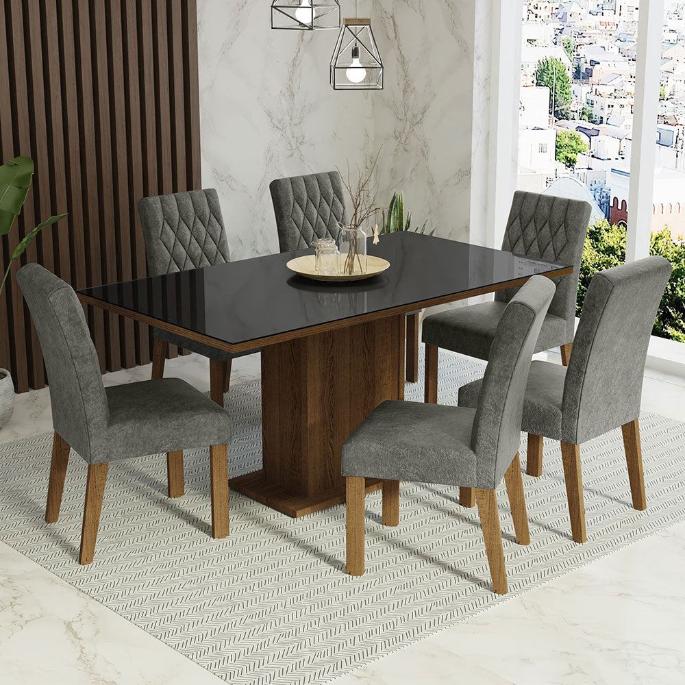 Conjunto de Comedor con Encimera Vidrio 6 Sillas Marrón/Negro/Silver Geórgia Madesa