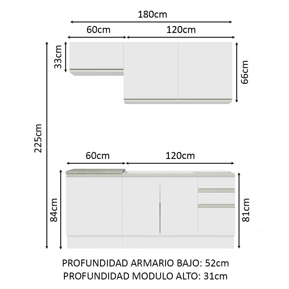 Cocina Integral con Fregadero 180cm Glamy 13 Blanco