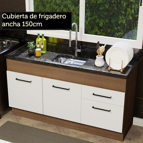 Mueble de Cocina Para Fregadero Madesa Agata 150 cm 2 Puertas y 2 Cajones (Sin Tablero Ni Fregadero) Marrón/Blanco