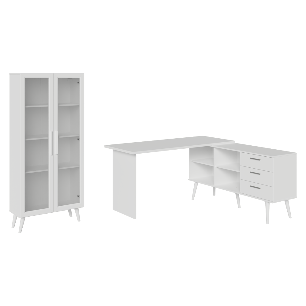 Kit Escritorio Esquinero 3 Cajones y Vitrina Multiuso Blanco Madesa