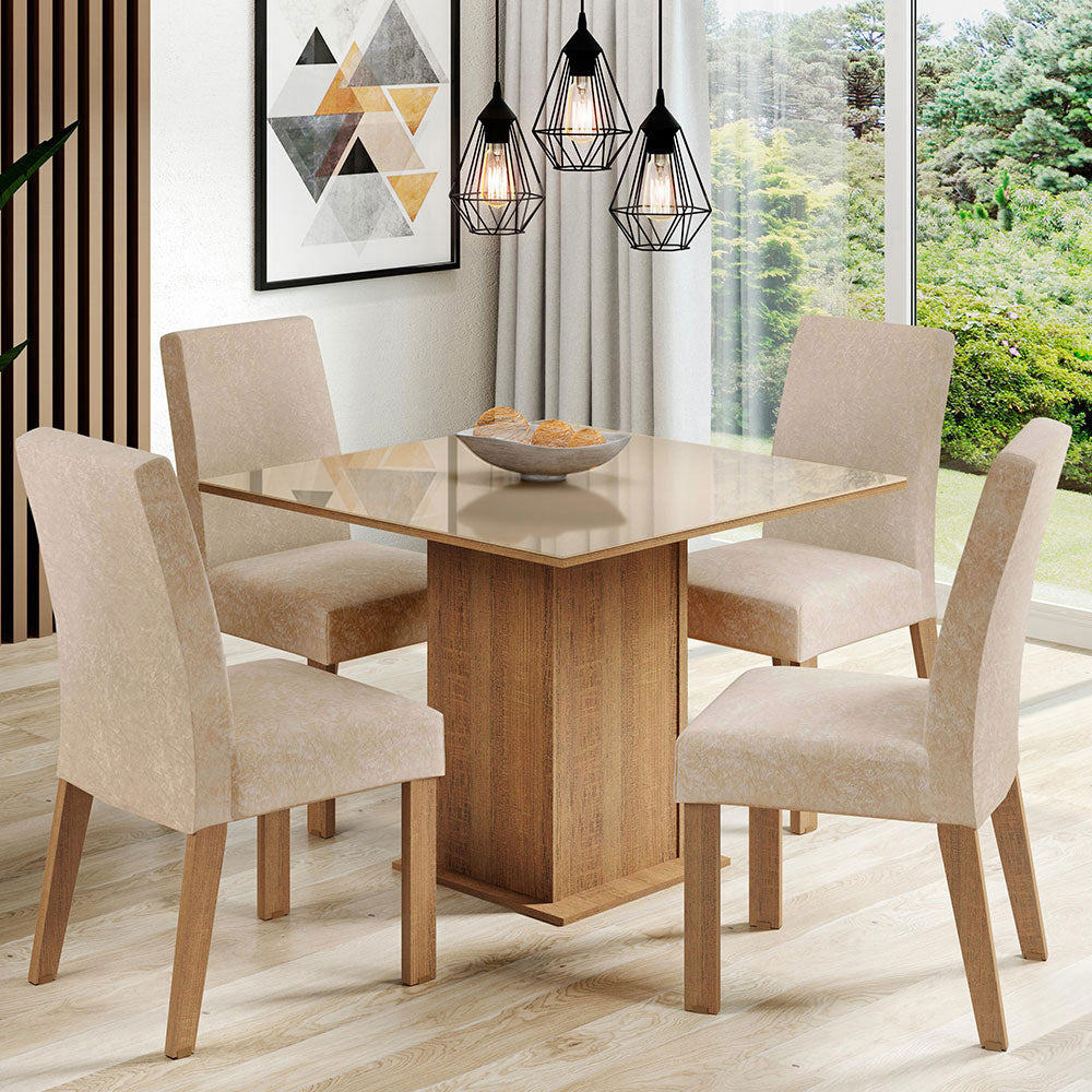 Conjunto de Comedor con Encimera Vidrio 4 Sillas Marrón/Crema/Imperial Evelin Madesa