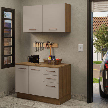 Kit Gabinete Bajo y Gabinete Superior Multiuso 120 cm Marrón/Crema Agata Madesa