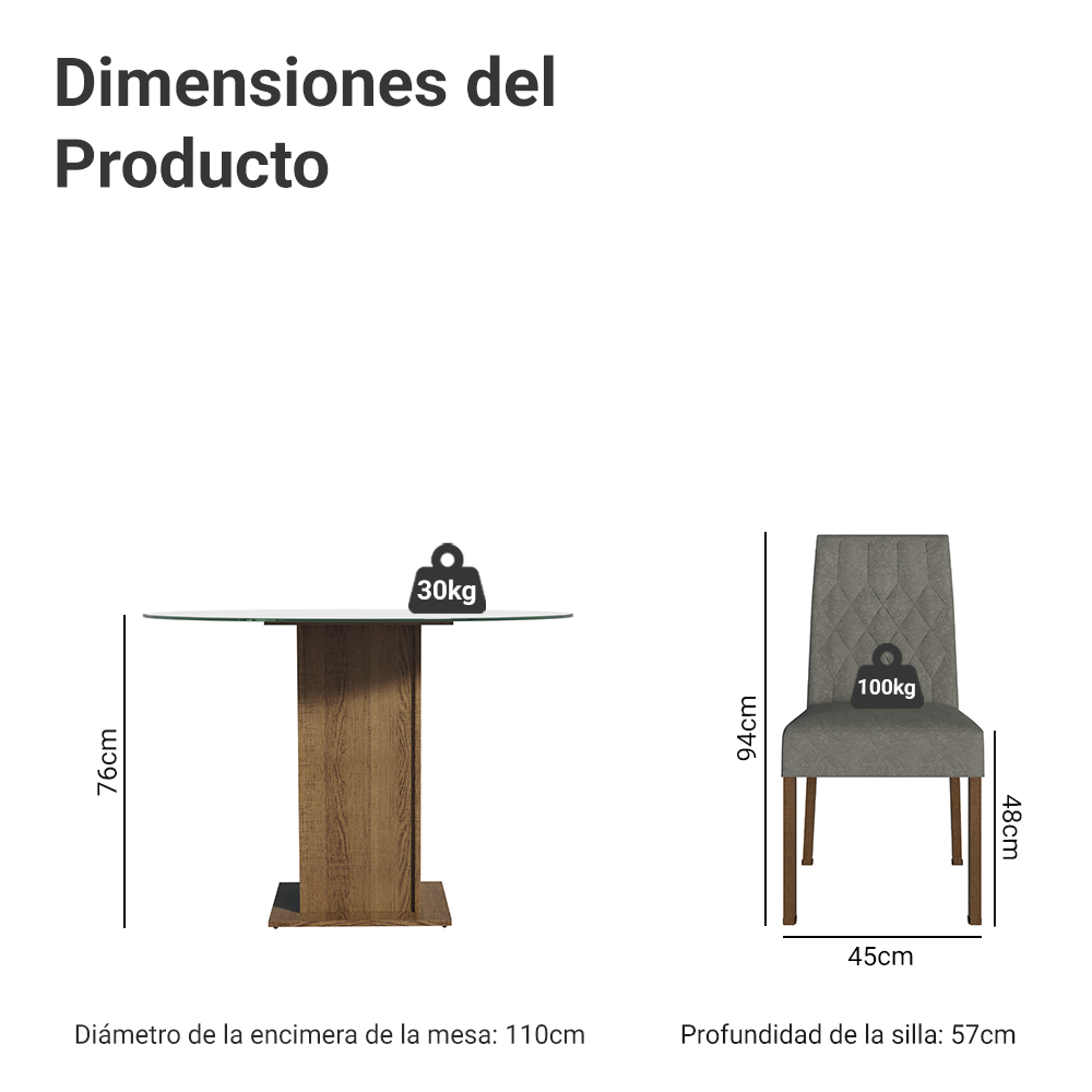 Juego de Comedor Encimera de Vidrio Circular 4 Sillas Marrón/Silver Irene