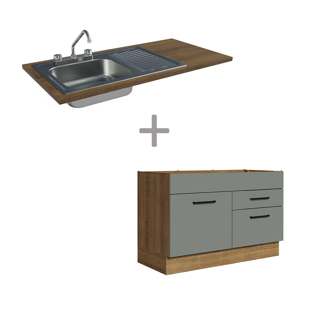 Gabinete Bajo para Fregadero con Accesorios de Cocina 120 cm 1 Puerta 2 Cajones Marrón/Gris Agata Madesa