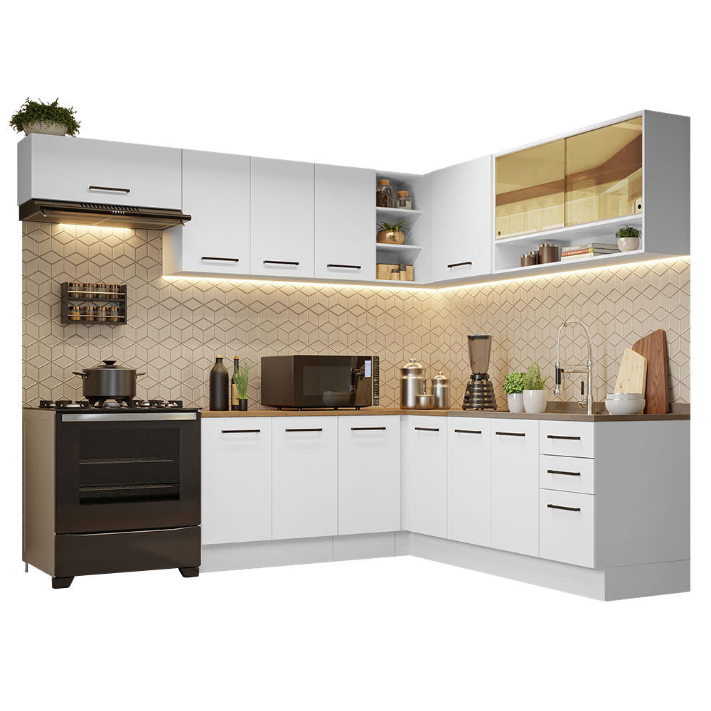 Cocina Integral de Esquina 486cm Blanco Encimera Marrón 60cm de Profundidad Agata 01