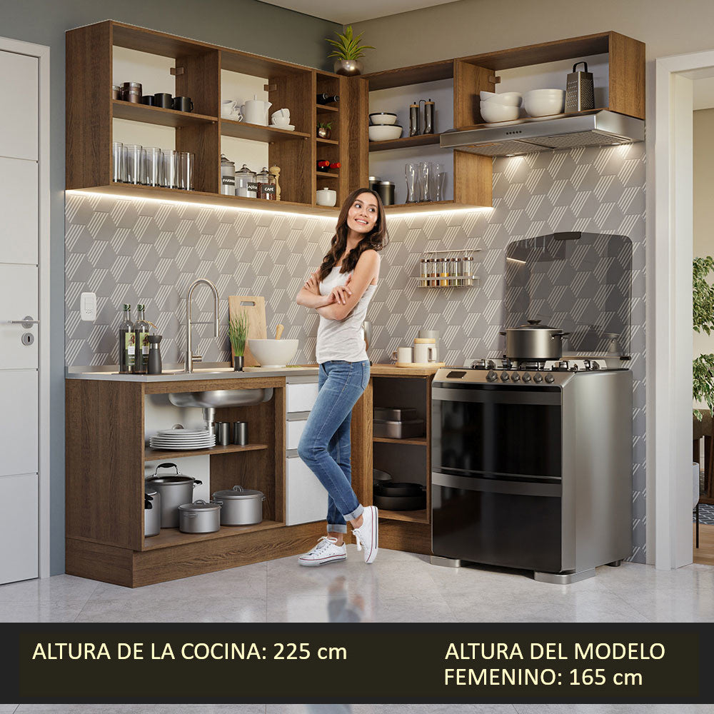 Cocina Integral Esquinera 349cm Marrón/Blanco Glamy Madesa 07