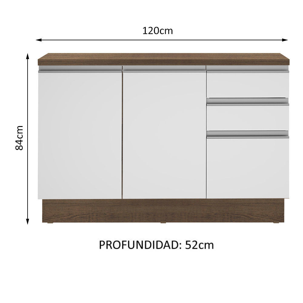 Gabinete Bajo para Fregadero 120 cm 2 Puertas y 3 Cajones (Con Encimera) Glamy Marrón/Blanco