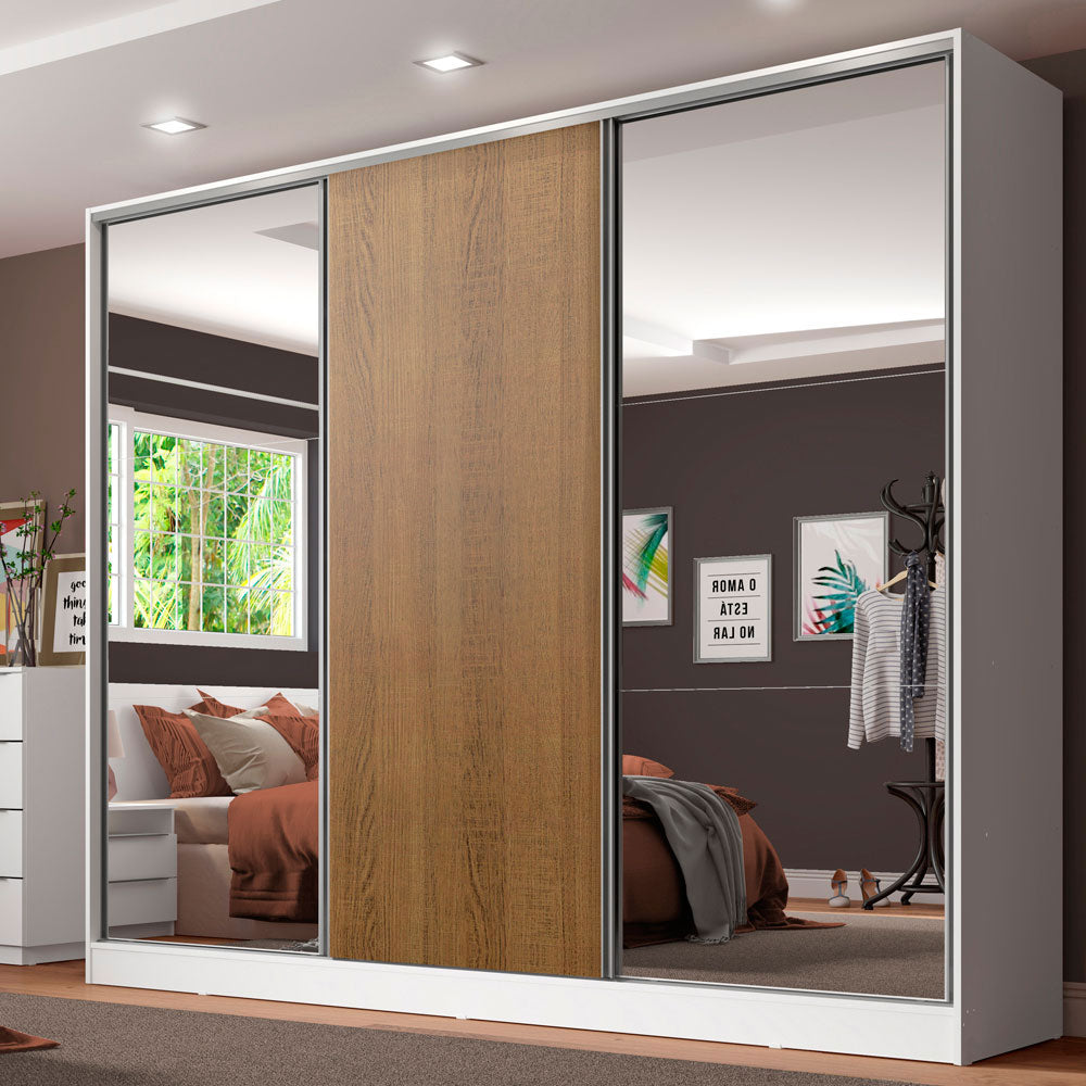Clóset Matrimonial 231 cm 3 Puertas Corredizas Con 2 Espejos 100% MDF Blanco/Marrón Royale Madesa