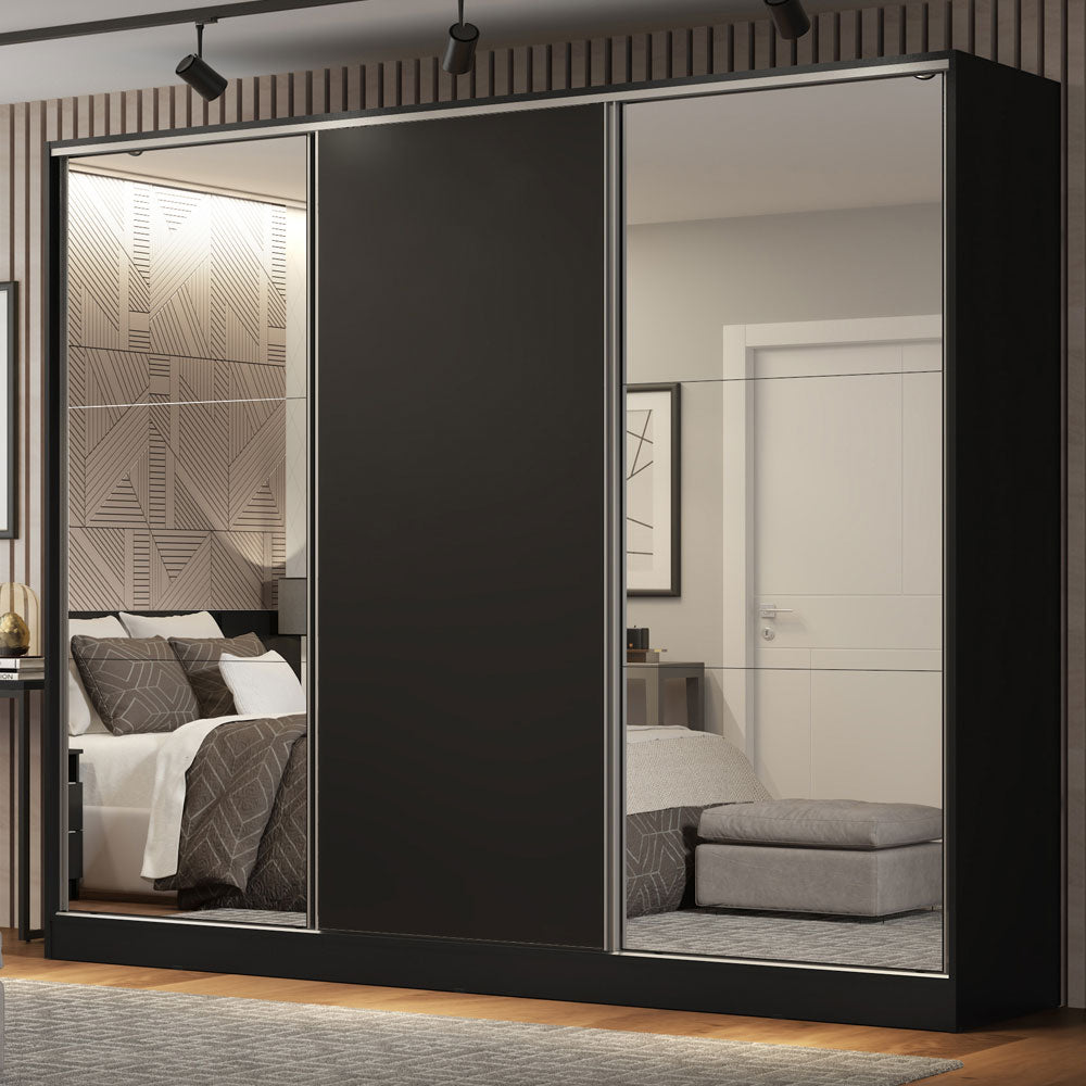 Clóset Matrimonial 231 cm 3 Puertas Corredizas Con 2 Espejos 100% MDF Negro Royale Madesa