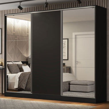 Clóset Matrimonial 231 cm 3 Puertas Corredizas Con 2 Espejos 100% MDF Negro Royale Madesa