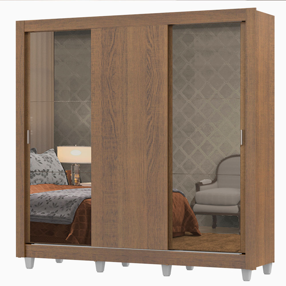Clóset Matrimonial Lyon Plus 3 Puertas Correderas con Espejos 4 Cajones con Patas Marrón