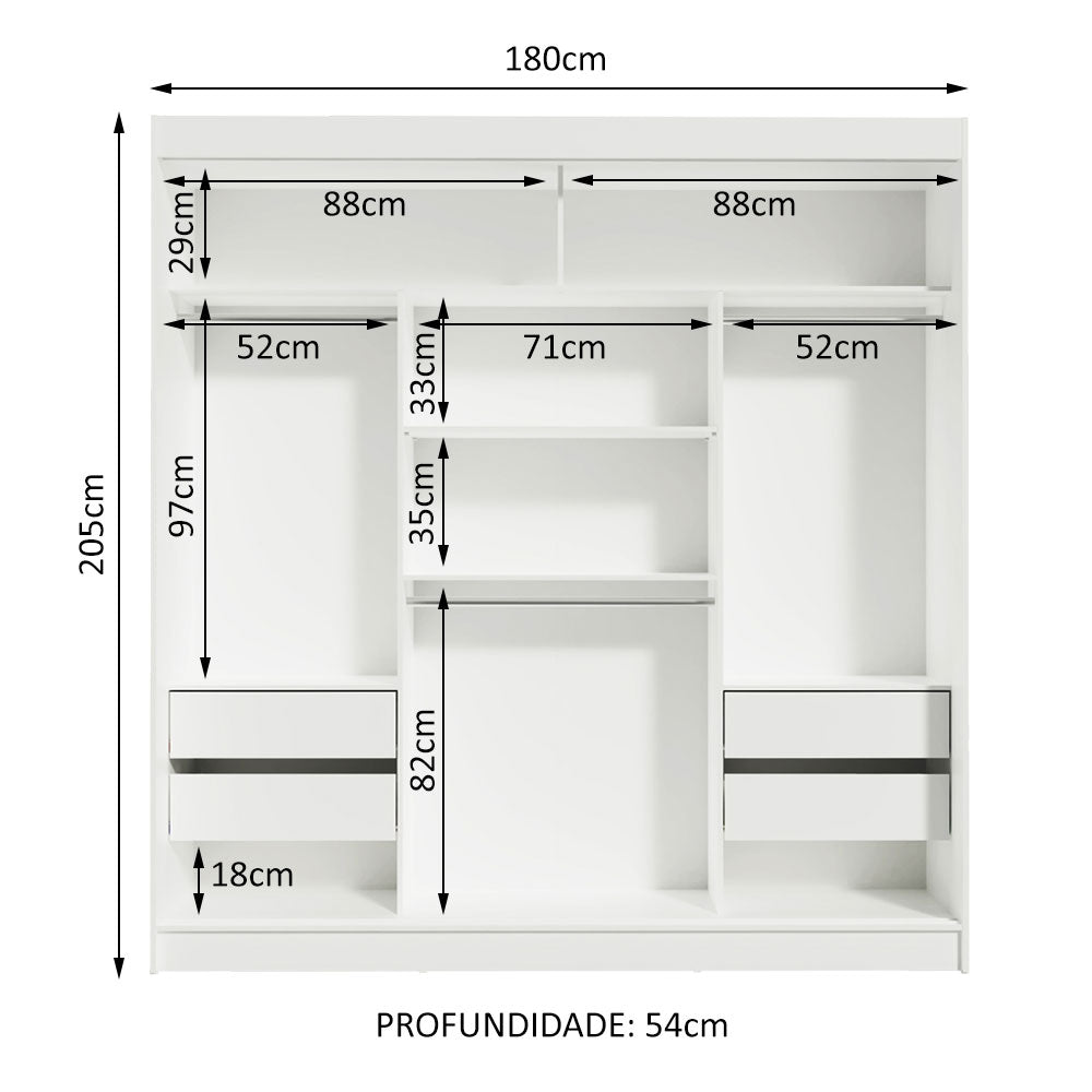 Clóset Matrimonial 180 cm 3 Puertas Corredizas con 2 Espejos 4 Cajones Blanco/Negro Reno Madesa