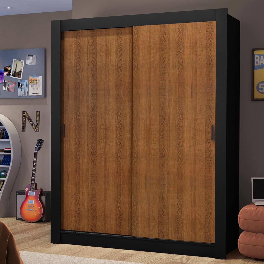 Clóset Soltero 117 cm 2 Puertas Corredizas 2 Cajones Negro/Marrón Dallas Madesa