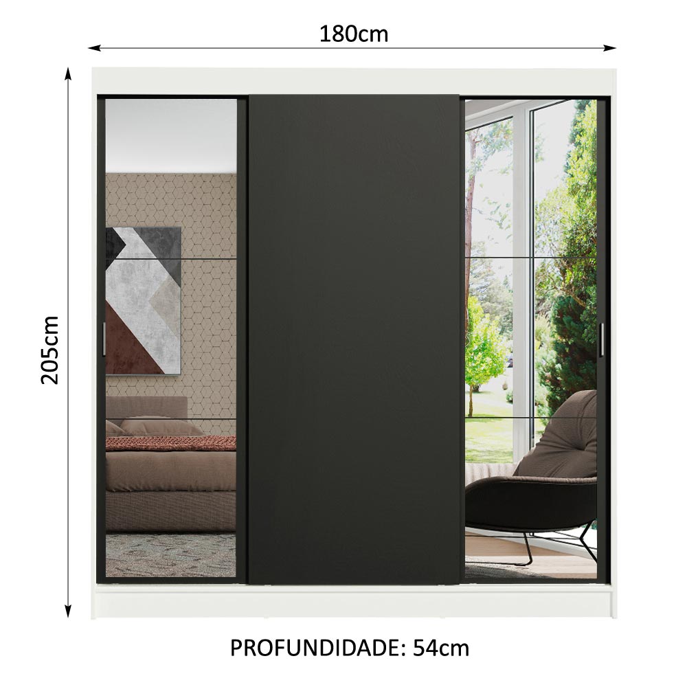 Clóset Matrimonial 180 cm 3 Puertas Corredizas con 2 Espejos 4 Cajones Blanco/Negro Reno Madesa