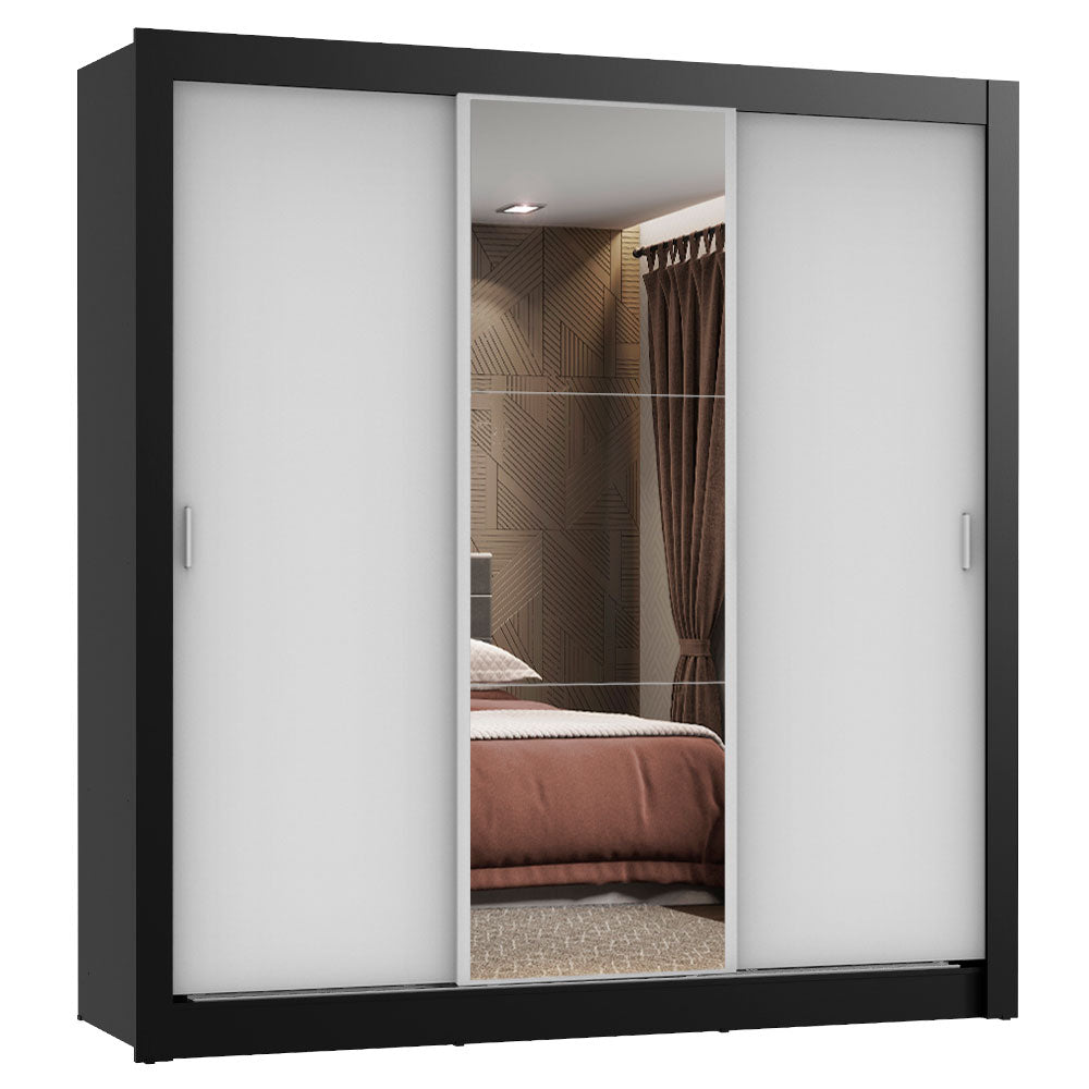 Clóset Matrimonial 170 cm 3 Puertas Corredizas Con 1 Espejo 2 Cajones Negro/Blanco Lyon Madesa