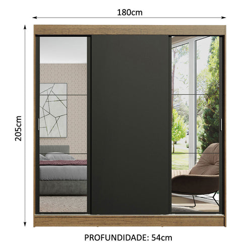 Clóset Matrimonial 180 cm 3 Puertas Corredizas Con 2 Espejos Marrón/Negro Reno Madesa