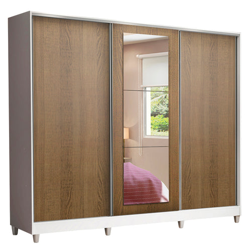 Clóset Matrimonial 100% MDF Eros 3 Puertas Correderas con Espejo con Patas Blanco/Marrón