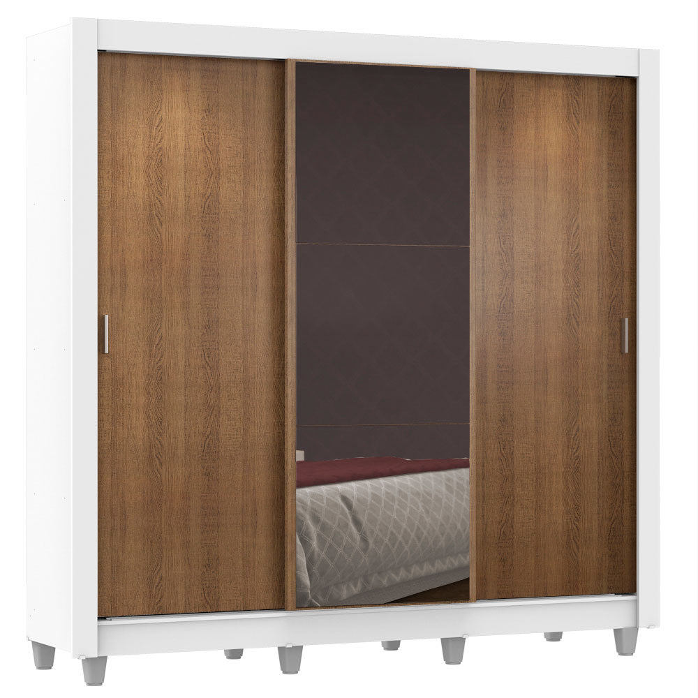Clóset Matrimonial Lyon Plus 3 Puertas Correderas con Espejo 4 Cajones con Patas Blanco/Marrón