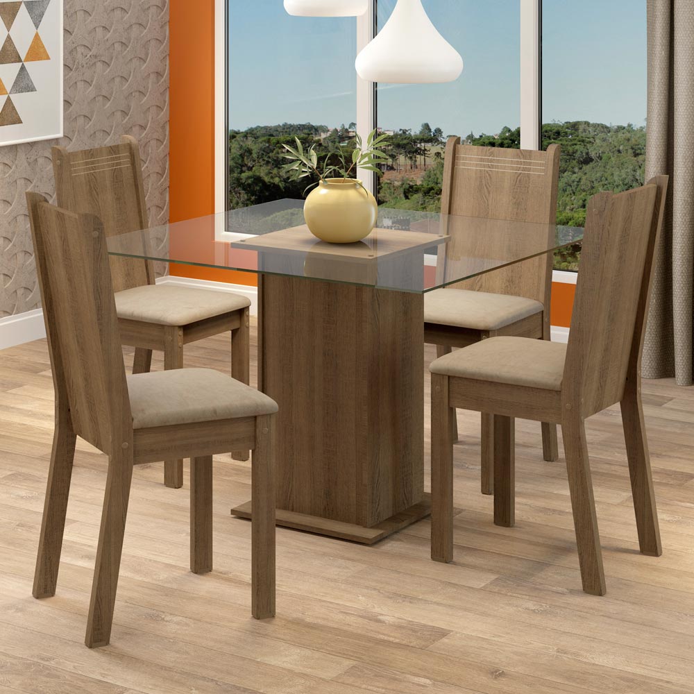 Juego de Comedor Mesa con Encimera de Vidrio 4 Sillas Marrón/Beige Maya