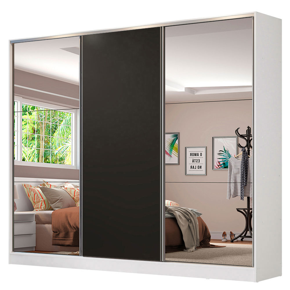 Clóset Matrimonial 231 cm 3 Puertas Corredizas Con 2 Espejos 100% MDF Blanco/Negro Royale Madesa