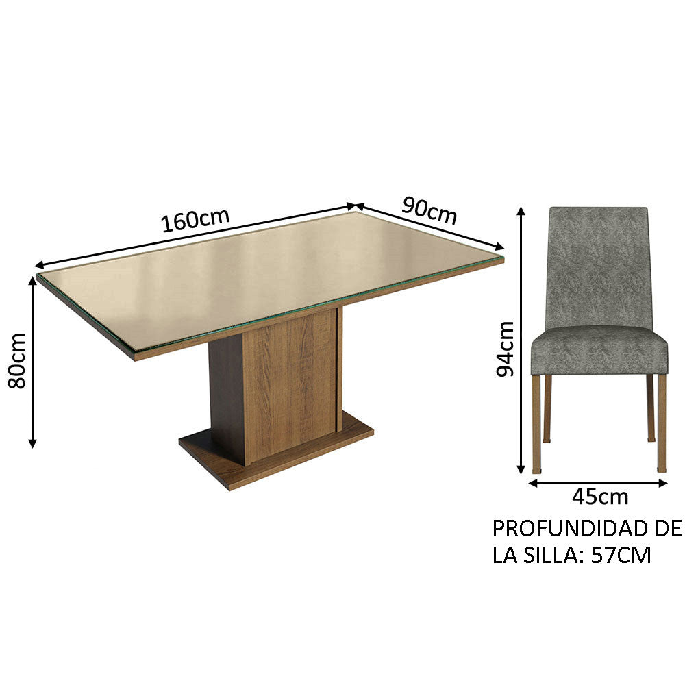 Conjunto de Comedor con Encimera Vidrio 6 Sillas Marrón/Crema/Silver Alexis Madesa