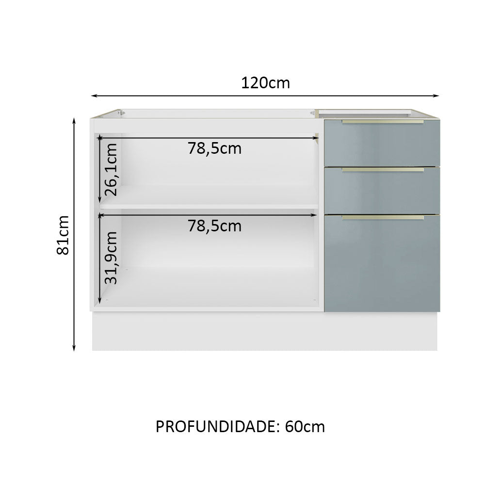 Gabinete Bajo 120 cm 2 Puertas 3 Cajones Sin Encimera Blanco/Gris Lux Madesa